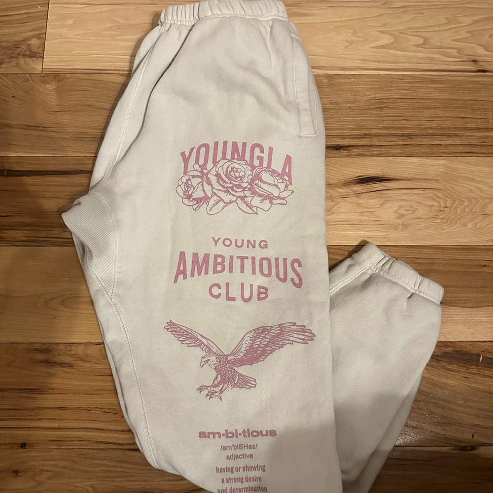 YoungLA Cream Sweatpants with Pink Graphics